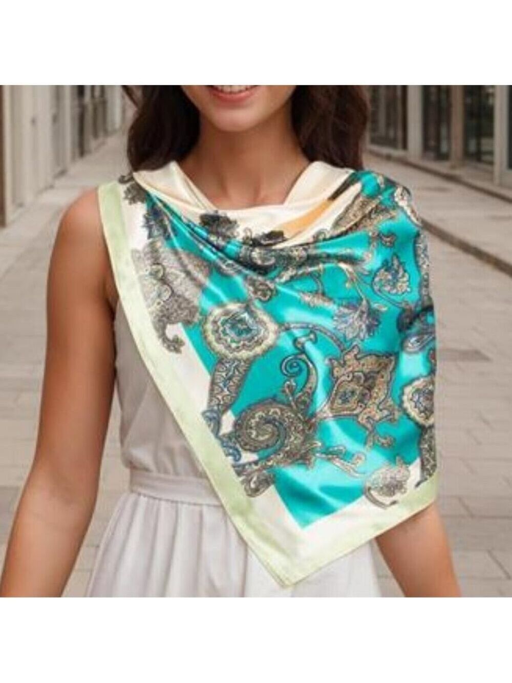 Blue & White Boho Head Scarf Like Silk Scarf Hair Scarf Printed Square Scarf